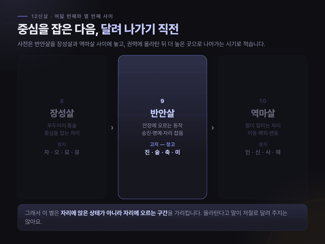 12신살 순번에서 장성살(8번) 다음, 역마살(10번) 앞에 놓인 반안살(9번)