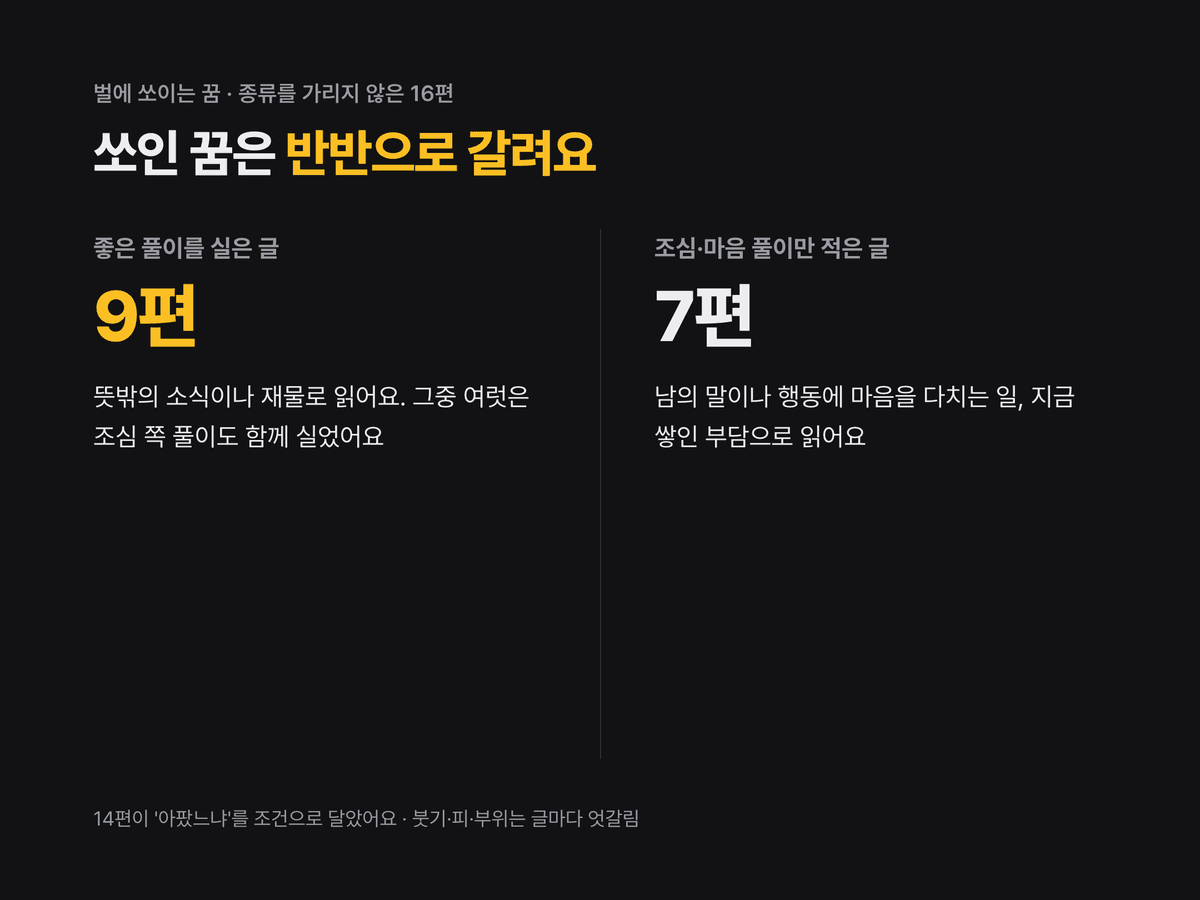 벌에 쏘이는 꿈을 좋은 풀이를 실은 글 9편과 조심이나 마음 풀이만 적은 글 7편으로 좌우에 나눠 적은 카드