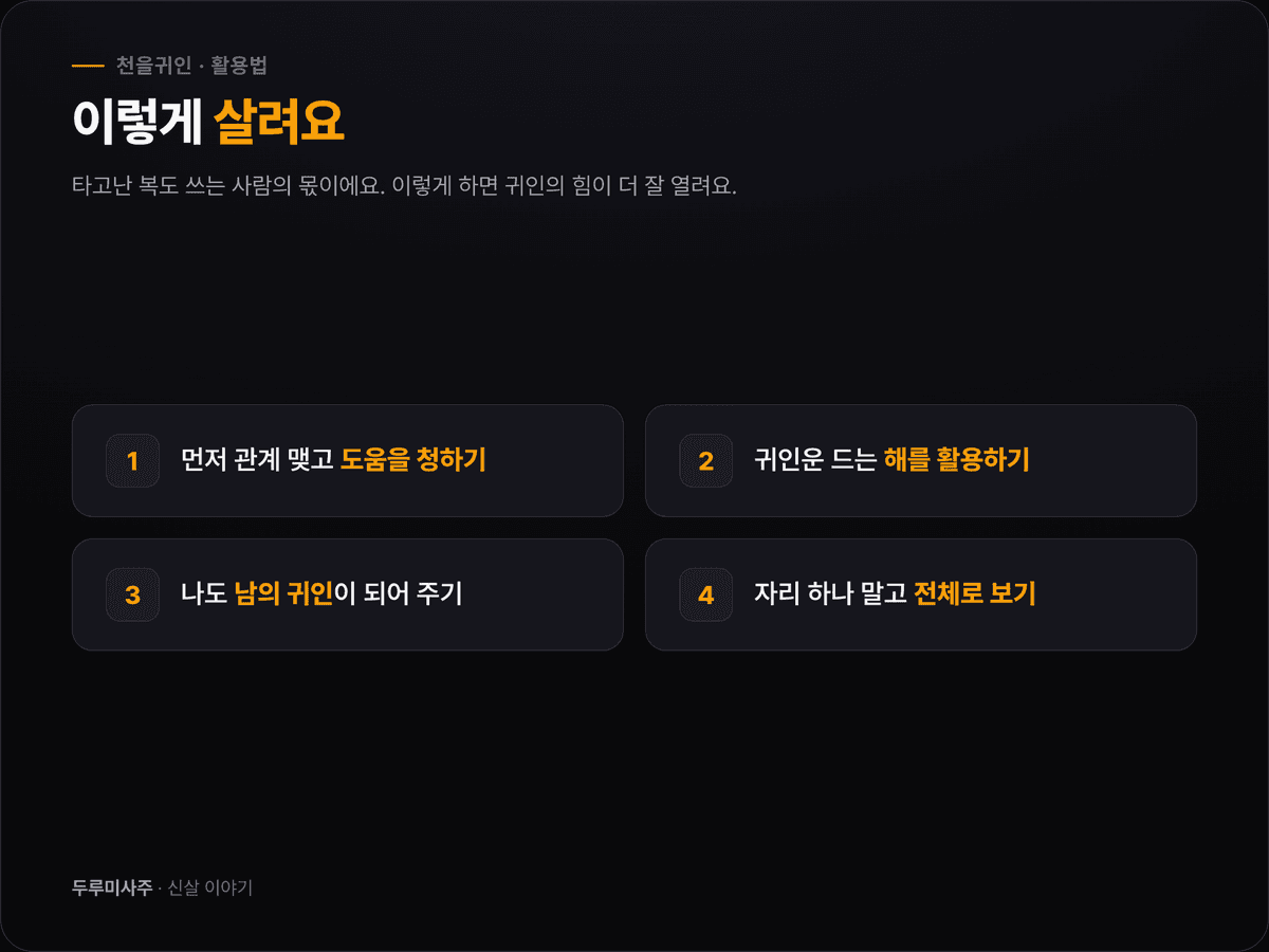 천을귀인의 복을 살리는 법 4가지를 정리한 이미지 — 먼저 관계를 열기, 귀인운이 드는 해를 챙기기, 나도 남의 귀인이 되어주기, 글자 하나가 아니라 사주 전체로 보기
