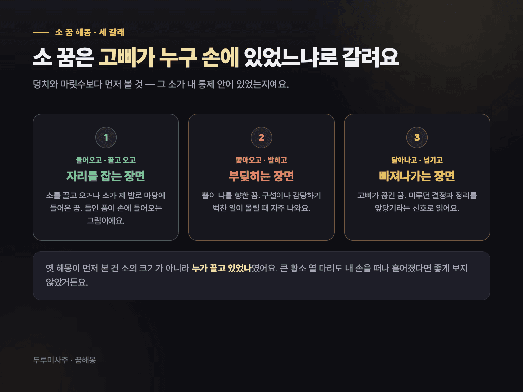 소 꿈을 소가 들어와 자리 잡는 장면, 쫓아오고 받히는 장면, 달아나 잃는 장면 세 갈래로 나눈 대비 카드