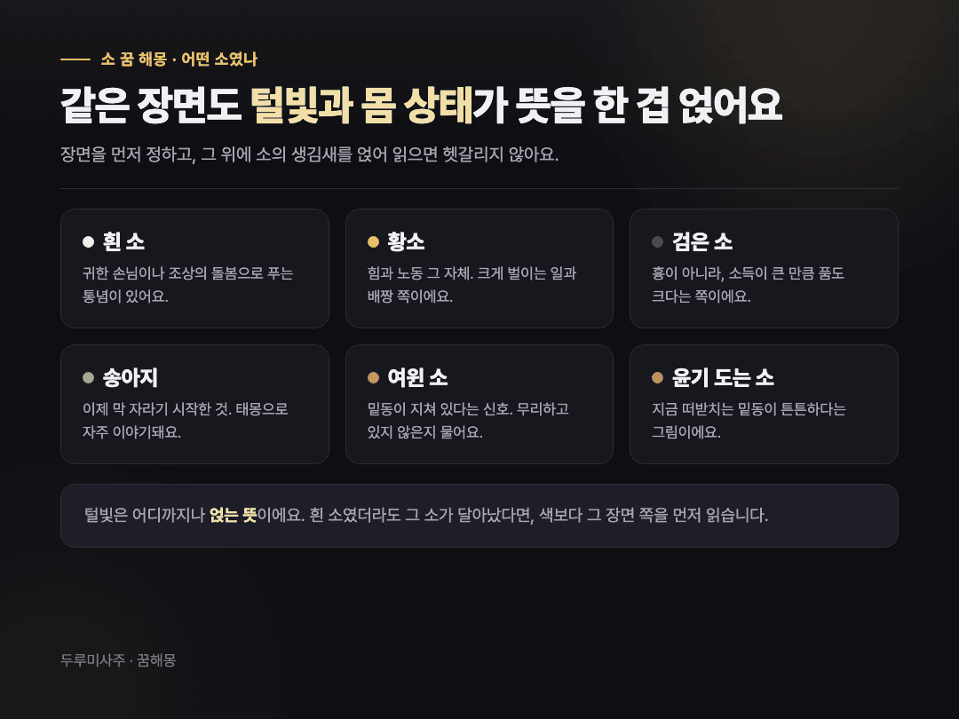 흰 소·황소·검은 소·송아지·여윈 소 등 털빛과 몸 상태별 소 꿈 풀이를 정리한 갈래 카드