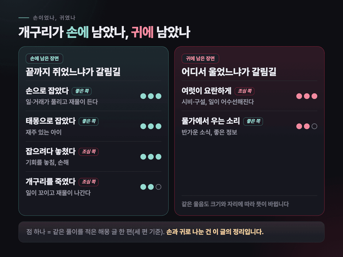 개구리 꿈을 손으로 잡은 장면과 울음소리만 들린 장면으로 나누고 장면마다 세 편 중 몇 편에 같은 풀이가 실렸는지 점으로 표시한 도식