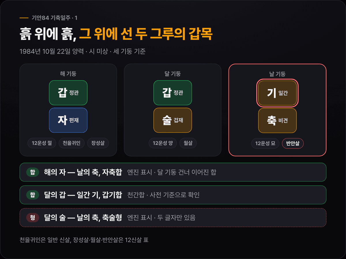 기안84의 해 갑자·달 갑술·날 기축 세 기둥에 십성(정관·편재·정관·겁재·비견)과 12운성(절·양·묘), 12신살과 천을귀인을 붙이고 자축합·축술형·갑기합을 표시한 원국 도식
