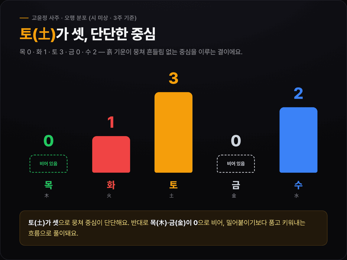 고윤정 오행 분포 — 목 0, 화 1, 토 3, 금 0, 수 2. 용신은 목.