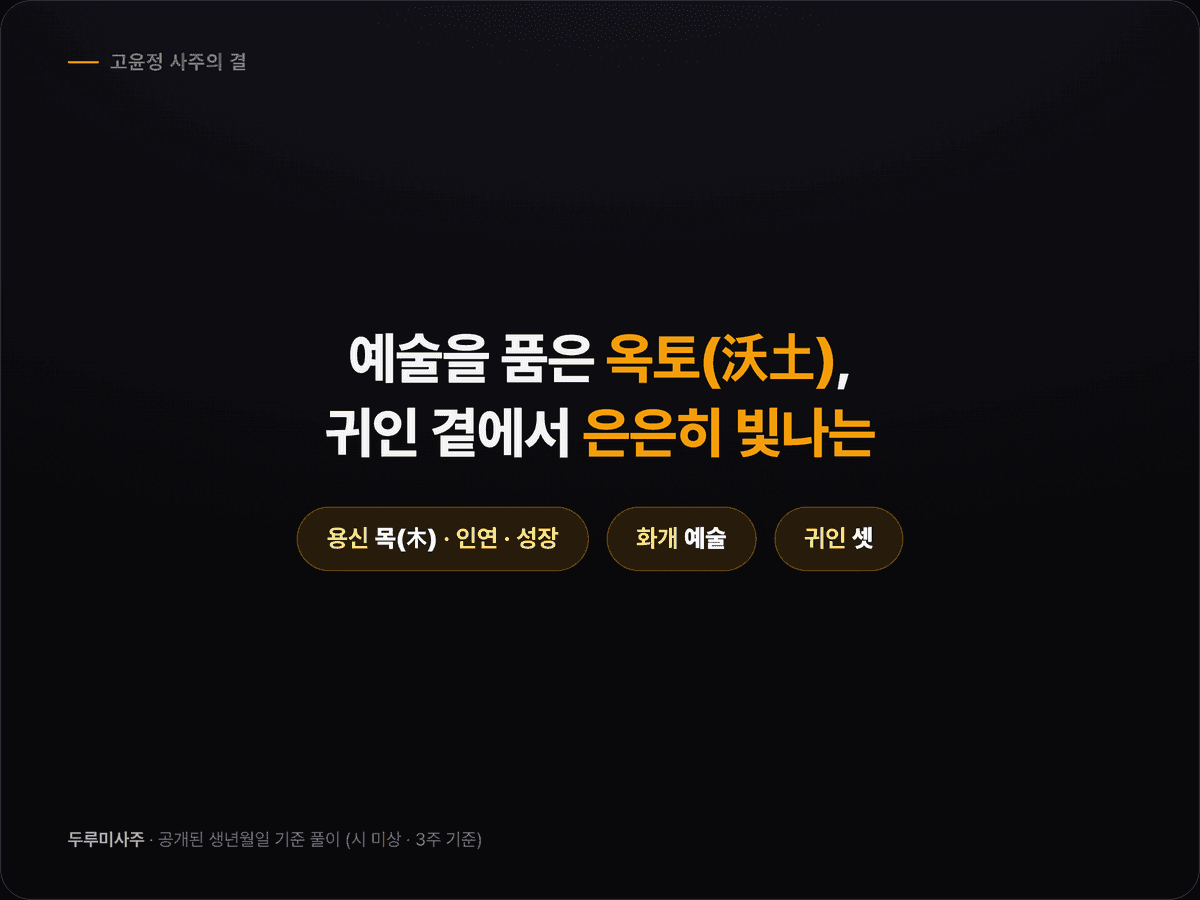 고윤정 사주 한눈 요약 — 기축일주, 토 셋, 화개살, 귀인 셋, 용신 목