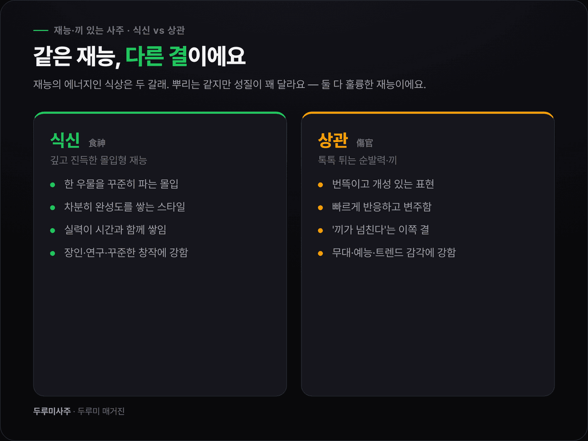 왼쪽은 한 자리를 깊게 파는 식신, 오른쪽은 여러 방향으로 튀어 오르는 상관을 대비해 보여주는 도표 — 식신과 상관 재능결의 차이 시각화