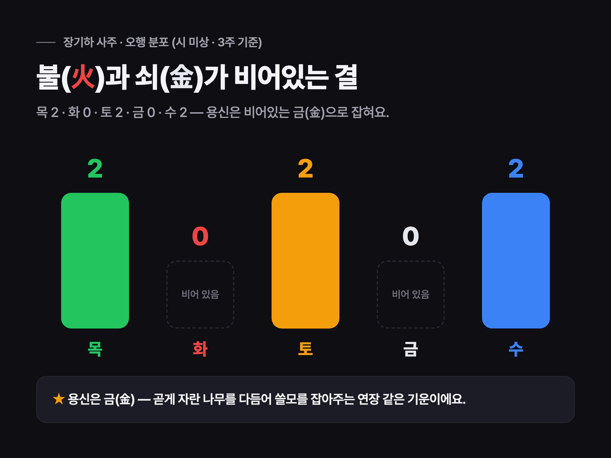 장기하 사주 오행 분포 — 목 2, 화 0, 토 2, 금 0, 수 2. 화와 금이 비어 있음