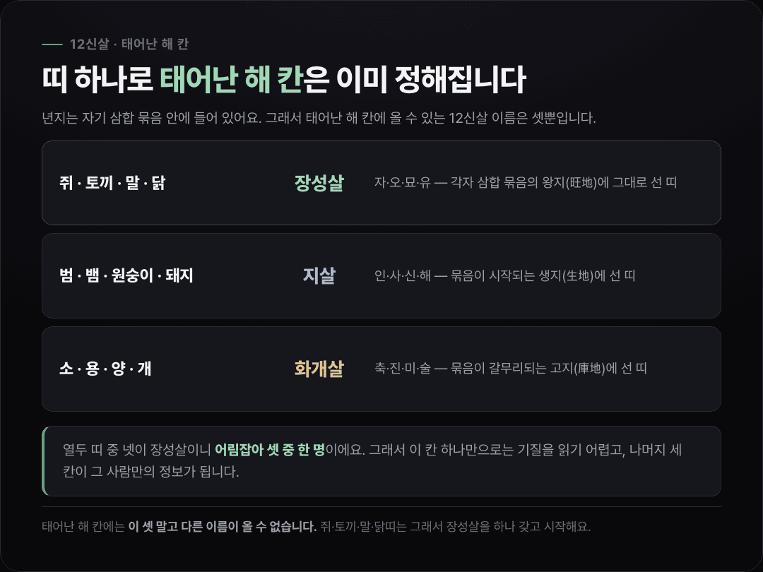 열두 띠를 왕지·생지·고지 세 묶음으로 갈라, 각 묶음이 태어난 해 칸에서 장성살·지살·화개살 중 무엇을 받는지 보여 주는 카드