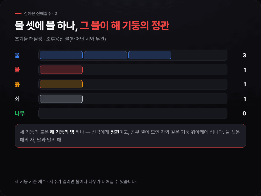 김혜윤의 세 기둥 오행 막대 — 물 셋, 불·흙·쇠 하나씩, 나무 없음 — 과 유일한 불인 해 기둥 병화에 정관·조후용신 표시가 붙은 카드