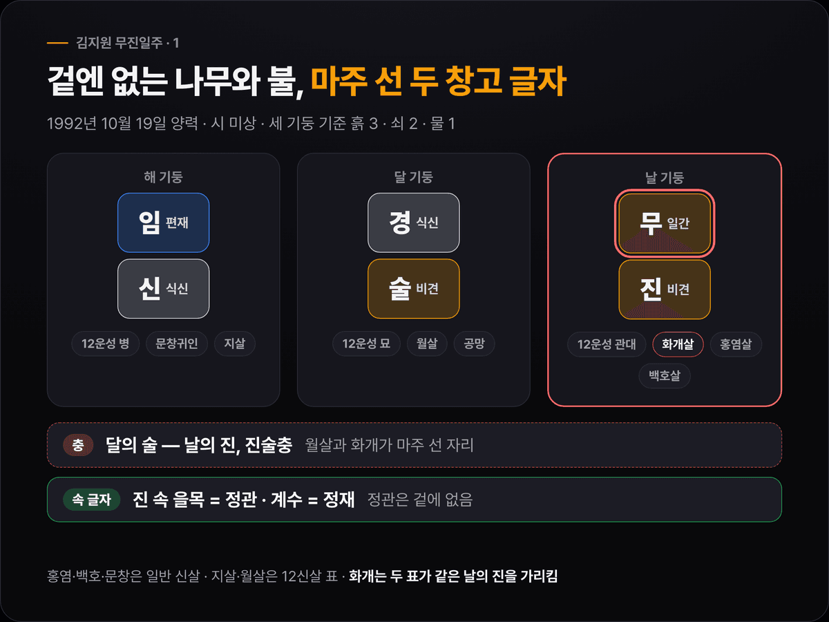 김지원의 해 임신·달 경술·날 무진 세 기둥에 십성(편재·식신·식신·비견·비견)과 12운성(병·묘·관대), 문창귀인·지살·월살·화개살·홍염살·백호살을 붙이고 달의 술과 날의 진을 잇는 진술충을 표시한 원국 도식