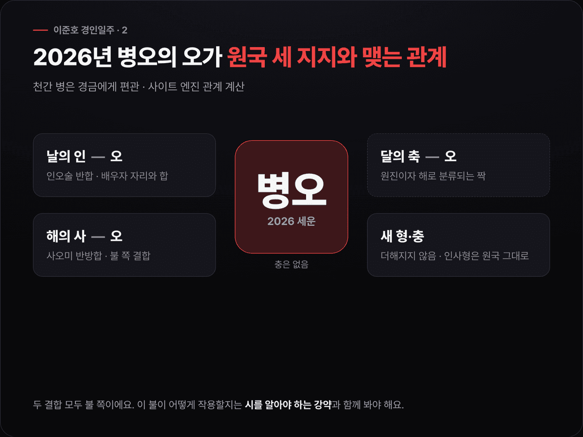 2026년 병오의 오가 이준호 원국의 인과 반합, 사와 반방합, 축과 원진·해를 이루고 충은 없음을 보여 주는 관계 도식