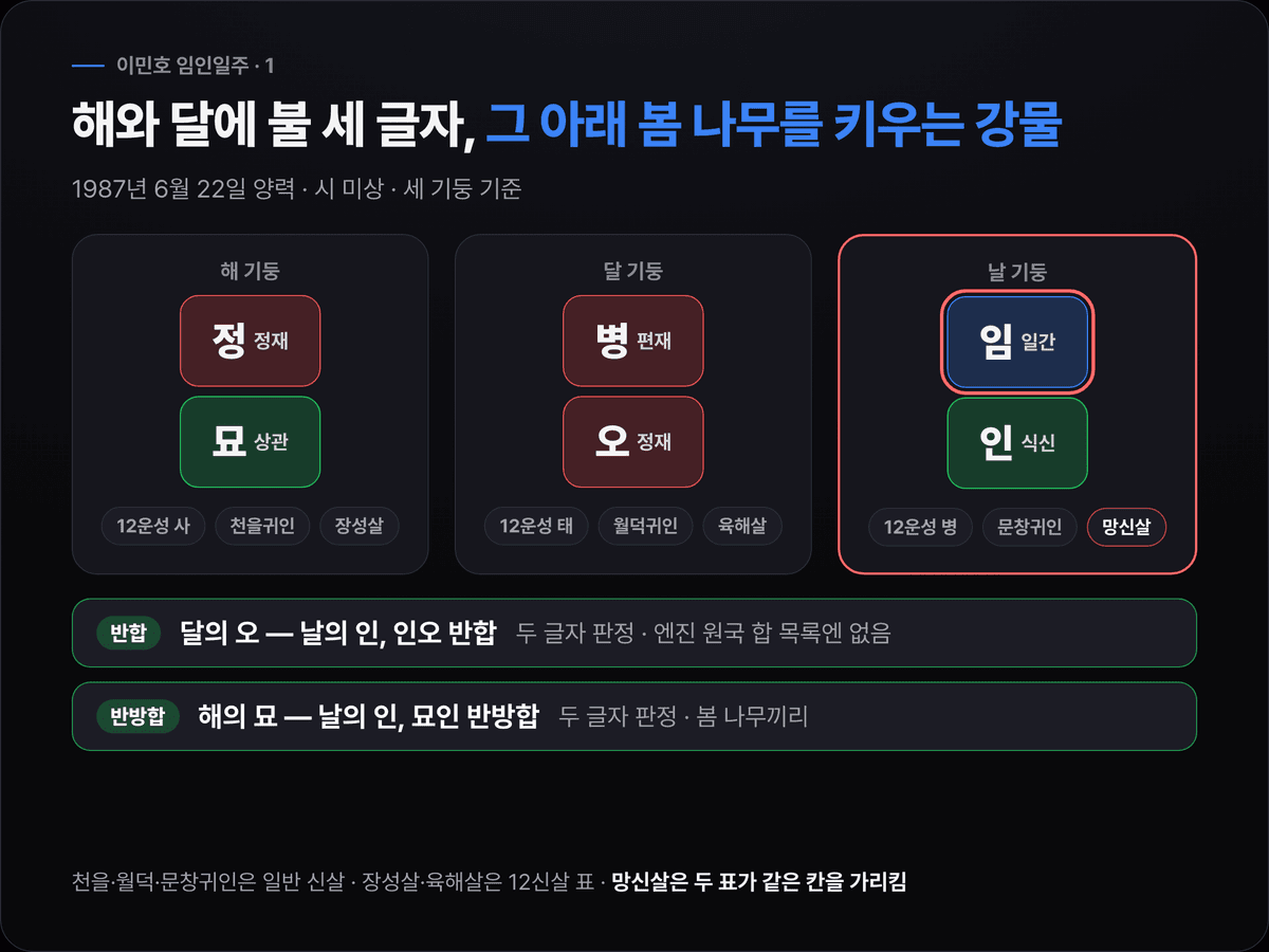 이민호의 해 정묘·달 병오·날 임인 세 기둥에 십성(정재·상관·편재·정재·식신)과 12운성(사·태·병), 천을귀인·월덕귀인·문창귀인·망신살을 붙이고 인오 반합을 표시한 원국 도식