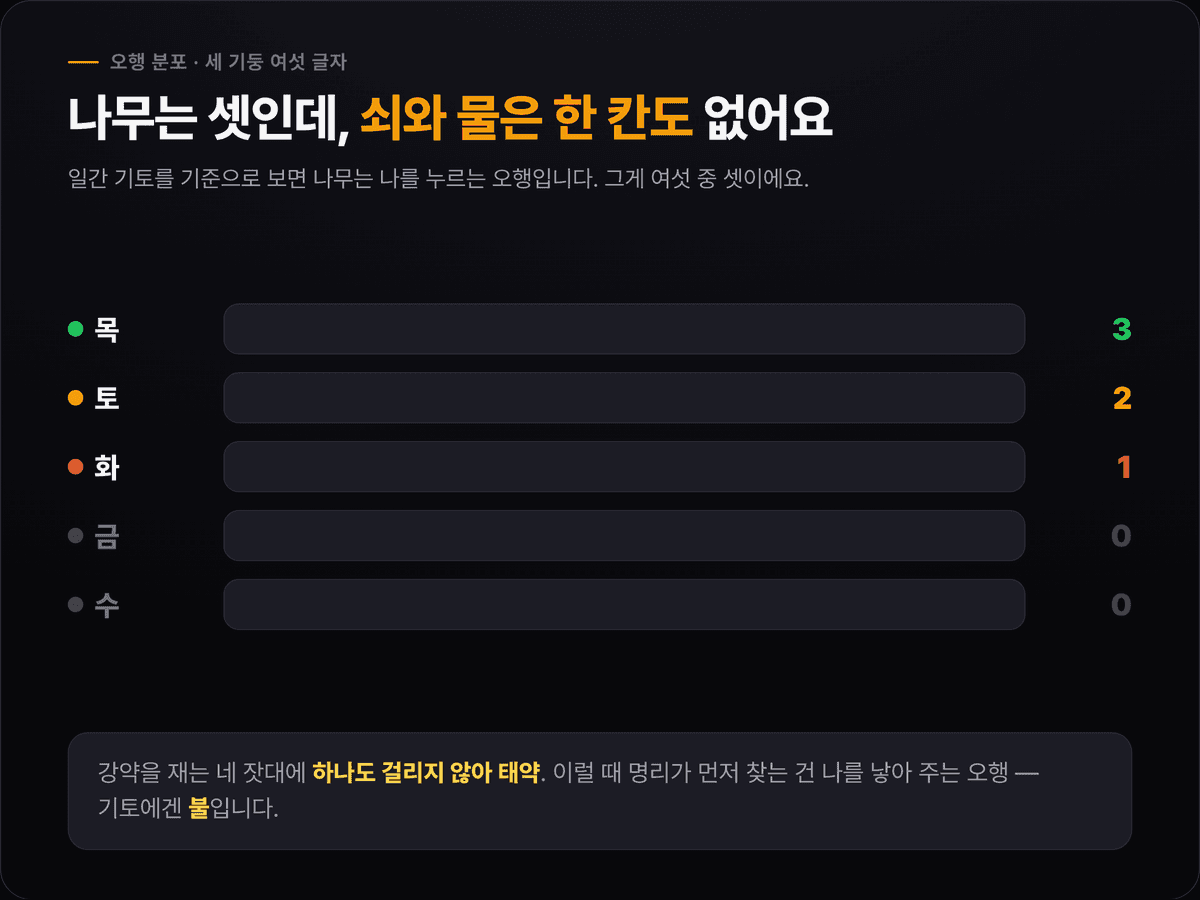 남주혁 사주 오행 분포 — 목 3, 화 1, 토 2, 금 0, 수 0