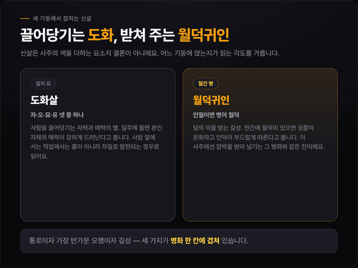 남주혁 신살 — 일지 묘의 도화살과 월간 병의 월덕귀인