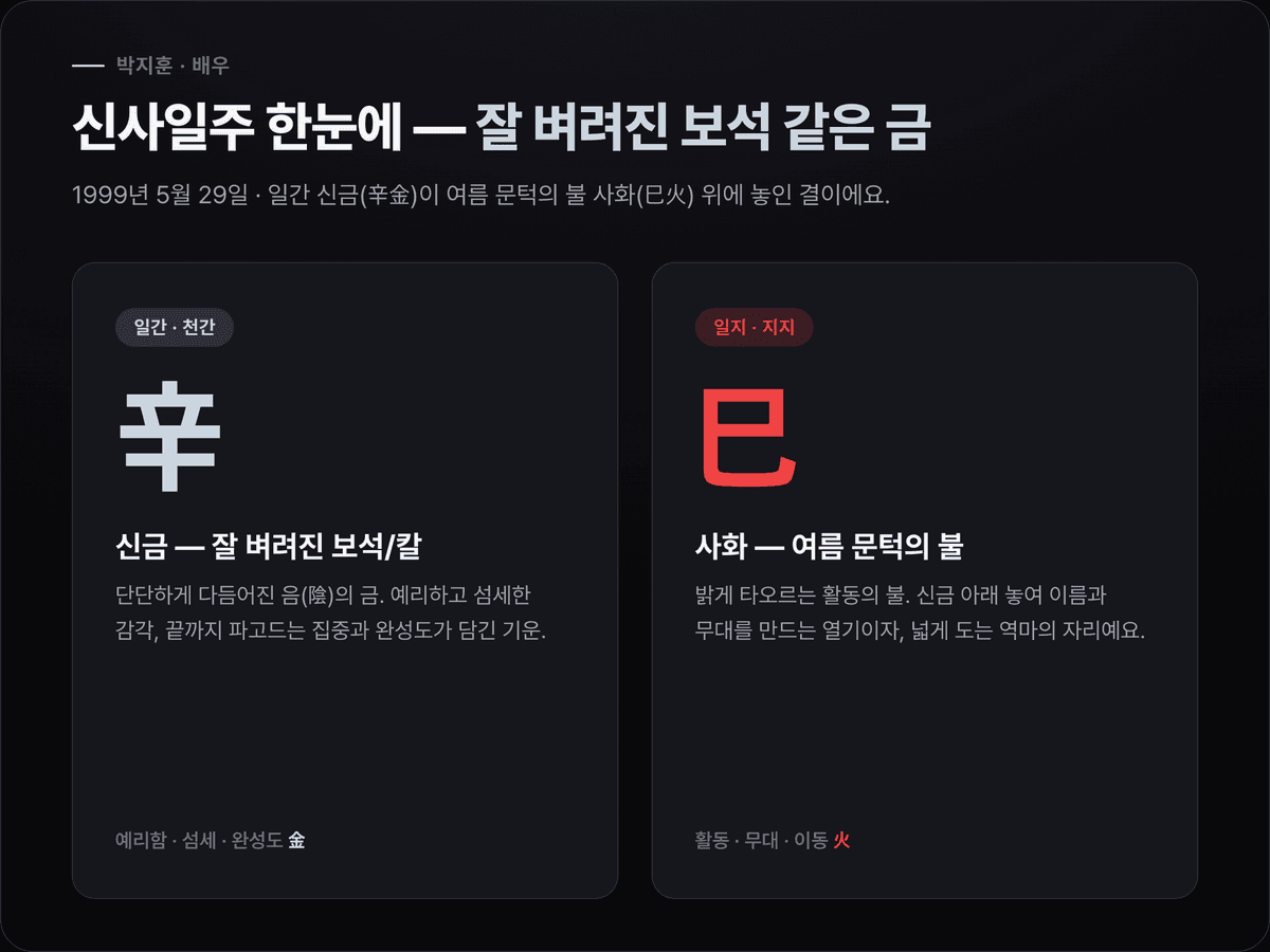 박지훈 신사일주 도표 — 일간 신금(벼려진 금)과 일지 사화(여름 불)의 만남