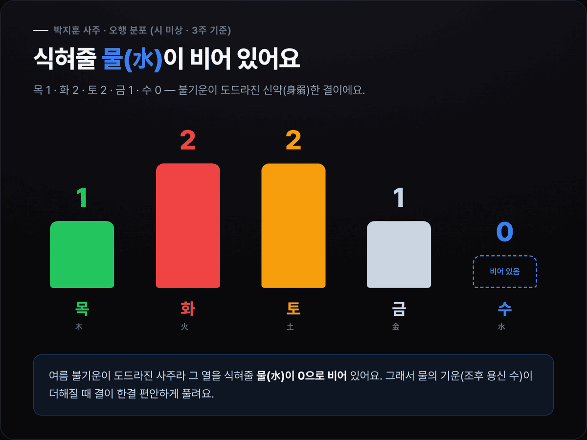 박지훈 오행 분포 도표 — 목1 화2 토2 금1 수0, 수(물)가 비어있음