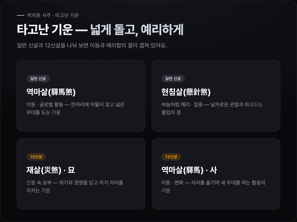 박지훈 신살 도표 — 역마살(이동·확장)과 현침살(예리·집중)