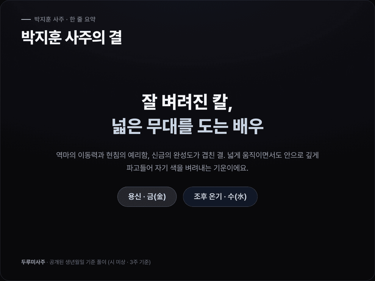 박지훈 사주 요약 도표 — 신금·사화·역마·현침이 그리는 예리하고 넓은 결