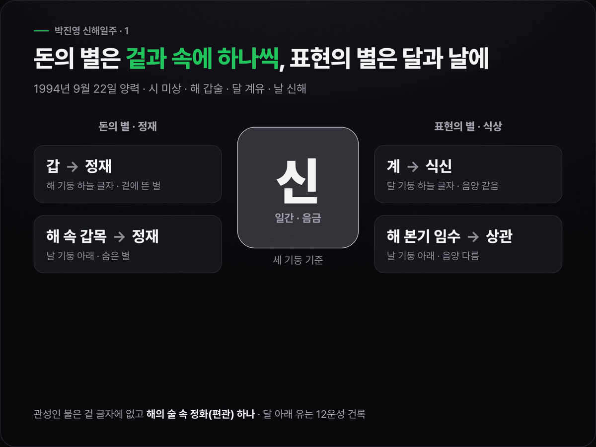 박진영의 일간 신금을 가운데 두고, 해 기둥 천간 갑과 날의 해 속 갑목을 정재로, 달 기둥 천간 계를 식신, 날의 해 본기 임수를 상관으로 이은 도식. 관성인 불은 해의 술 속 정화 하나뿐