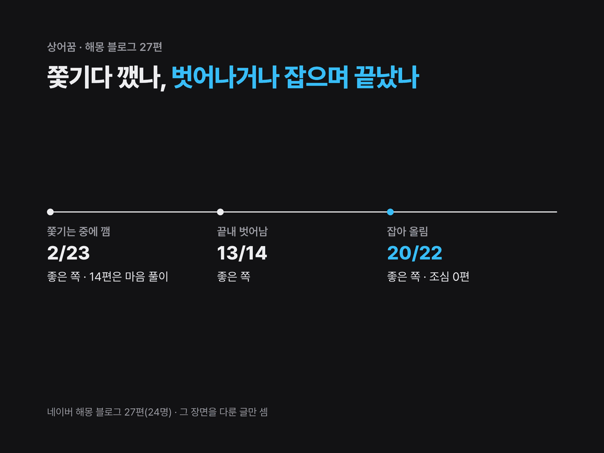 쫓김, 벗어남, 잡음 세 장면을 차례로 놓고 장면마다 해몽 글이 좋은 쪽으로 적은 편수를 적은 카드
