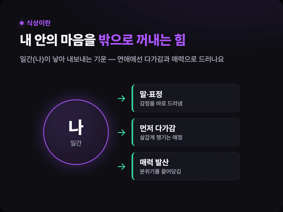 가운데 '나(일간)'에서 감정·재능·애정이 말·표정·다가감으로 밖으로 뻗어 나가는 모습을 보여주는 다크 도식 — 식상(표현하는 힘)의 개념 시각화