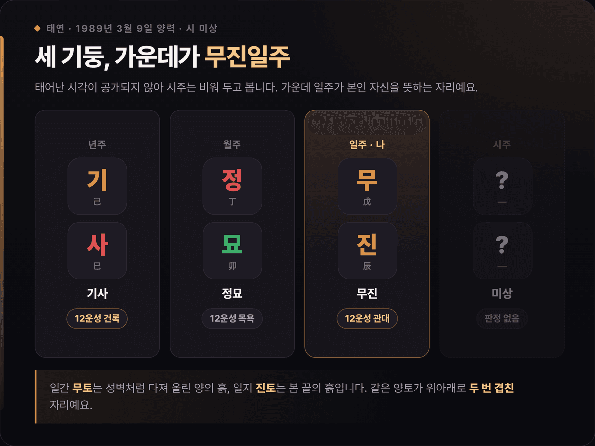태연 사주 세 기둥 — 년주 기사(己巳), 월주 정묘(丁卯), 일주 무진(戊辰, 강조), 시주 미상과 12운성 건록·목욕·관대