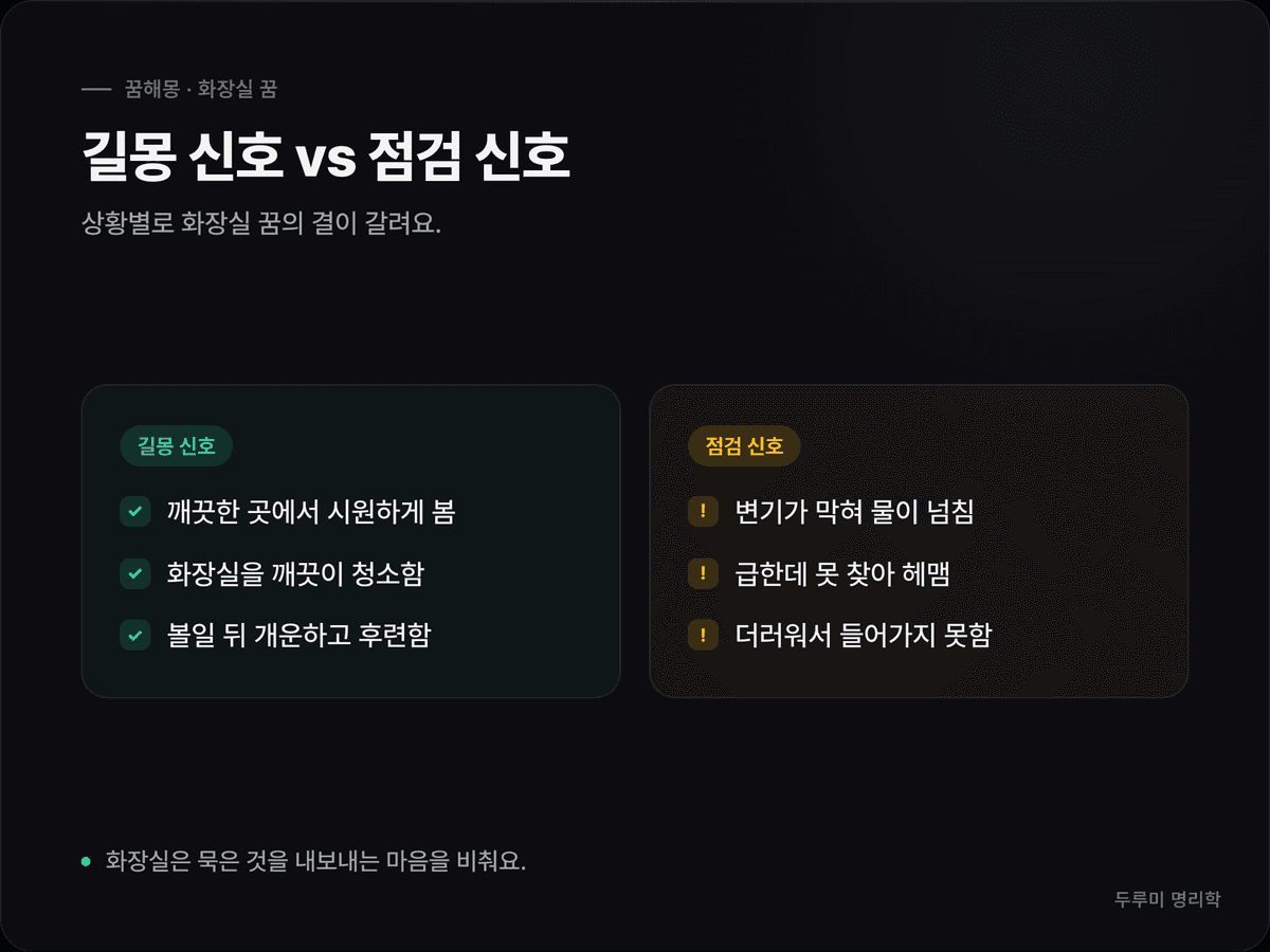화장실 꿈을 길몽 신호(시원한 비움·깨끗한 청소)와 점검 신호(막힘·못 찾음)로 나눠 정리한 비교 카드