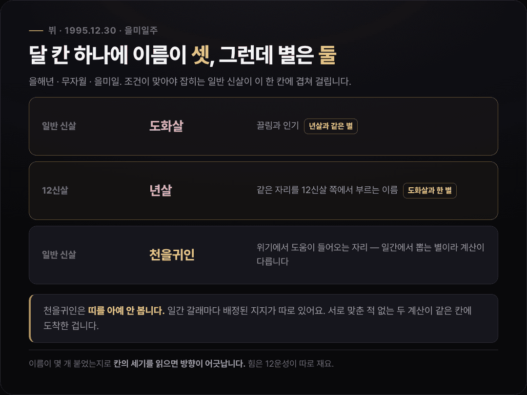 뷔의 사주 세 기둥(을해·무자·을미)에서 태어난 달 칸 자수에 도화살·천을귀인·년살 세 이름이 겹치고, 그중 도화살과 년살이 같은 별임을 표시한 카드