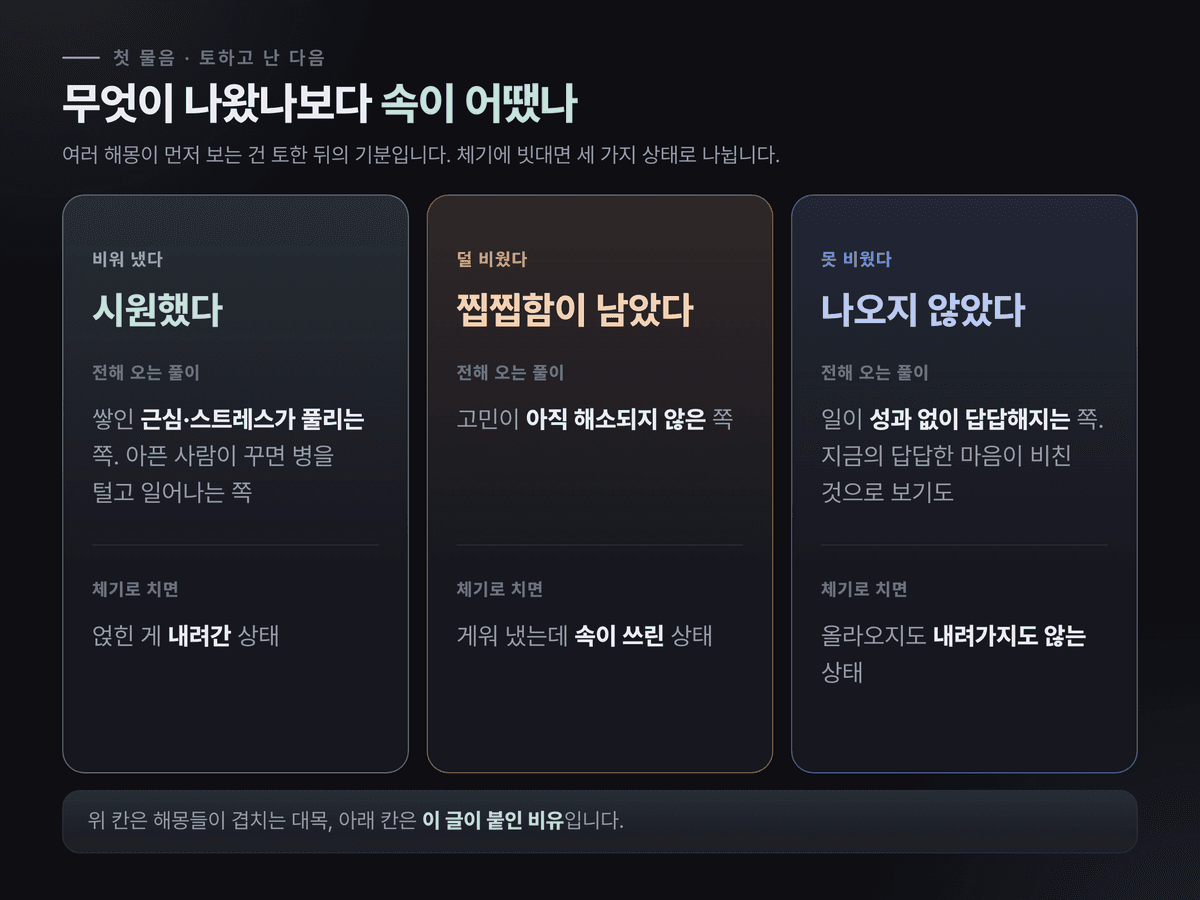 토한 뒤의 속을 시원했다, 찝찝함이 남았다, 나오지 않았다 세 갈래로 나누고 각각 해몽과 체기 비유를 붙인 카드