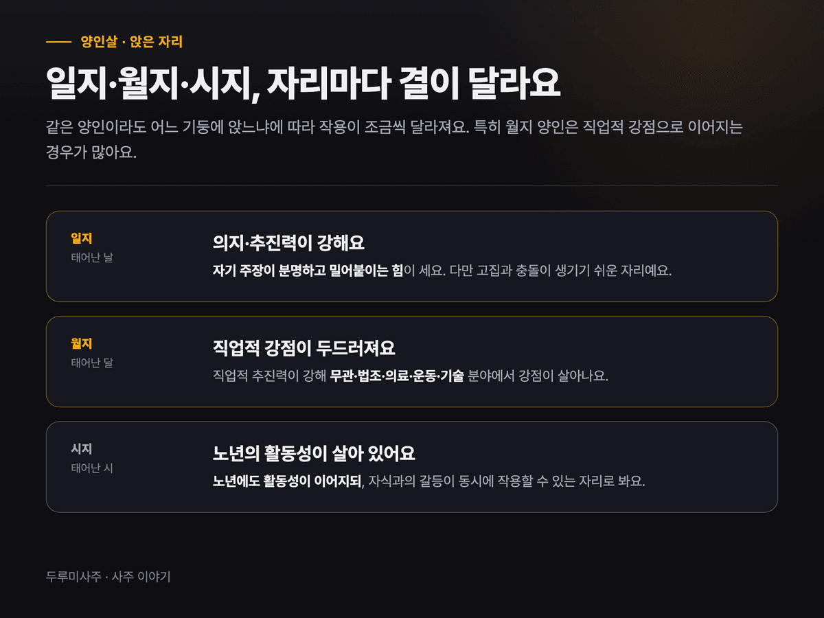 양인살이 일지·월지·시지에 들었을 때의 작용을 정리한 이미지 — 일지는 강한 의지와 고집, 월지는 직업적 추진력, 시지는 노년 활동성과 자식 갈등