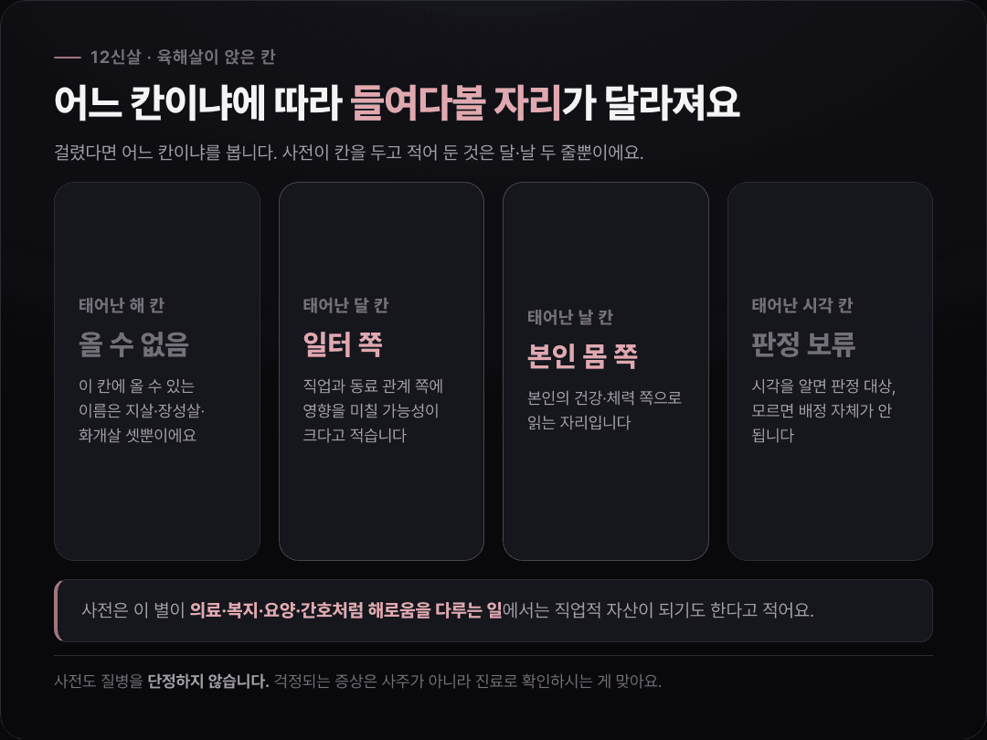 태어난 해·달·날·시각 네 칸을 나란히 놓고, 해 칸에는 육해살이 올 수 없음·달 칸은 일터 쪽·날 칸은 본인 몸 쪽·시각 칸은 판정 보류로 각각 표시한 카드