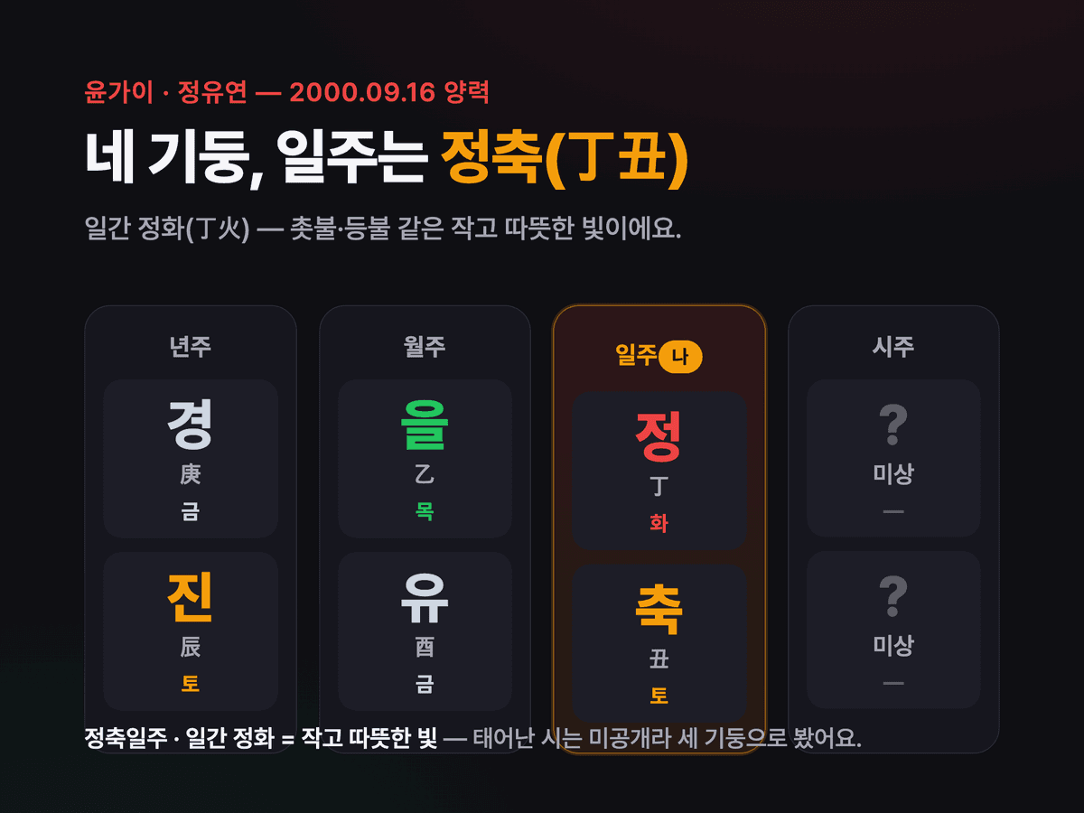 윤가이 네 기둥 — 년 경진, 월 을유, 일 정축, 시 미상. 일주 정축 강조
