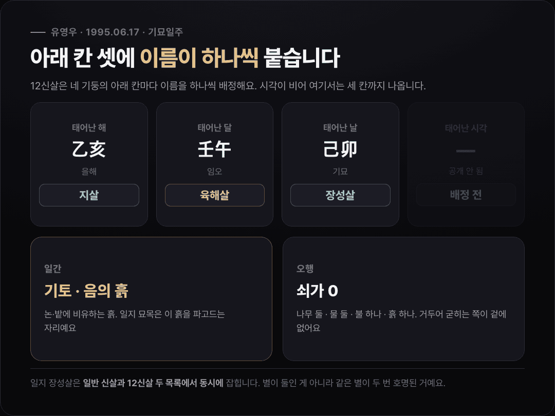 유영우의 사주 세 기둥(을해·임오·기묘)을 천간과 지지로 나눠 보여 주고, 각 아래 칸에 배정된 12신살 이름 지살·육해살·장성살을 표시한 카드