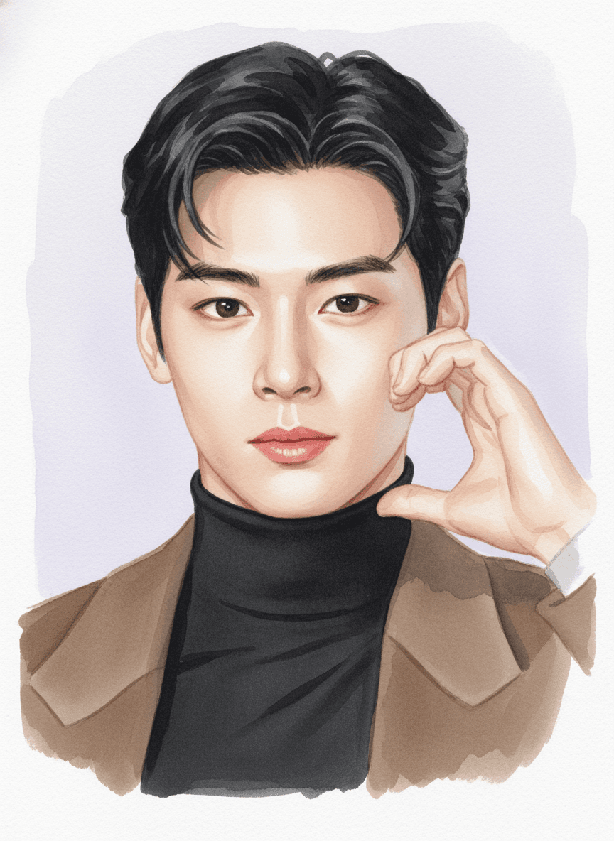 차은우(아스트로) 수채화 일러스트 — 두루미 매거진 연예인 사주