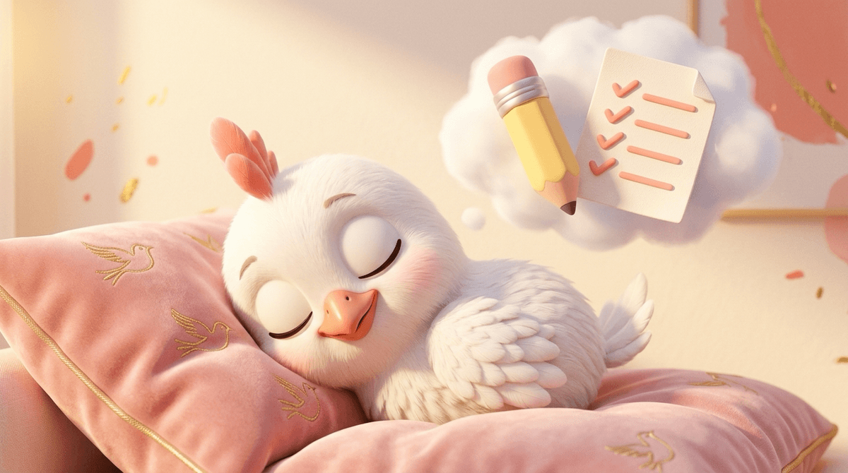 두루미가 쿠션 위에서 평온하게 잠든 사이 머리 위 꿈 구름 안에 연필과 시험지가 떠 있는 일러스트 — 시험 보는 꿈 해몽 메타포