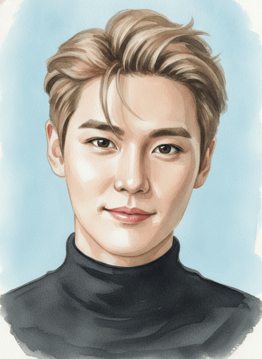 김준수의 얼굴을 수채화 톤으로 그린 인물 초상 일러스트