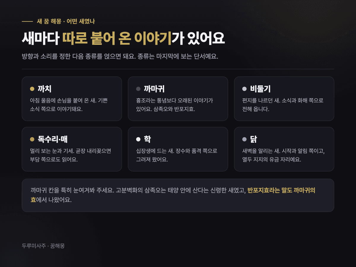 까치·까마귀·비둘기·독수리·학·닭 여섯 종류의 새에 전해 오는 상징을 각각 한 줄로 정리한 갈래 카드