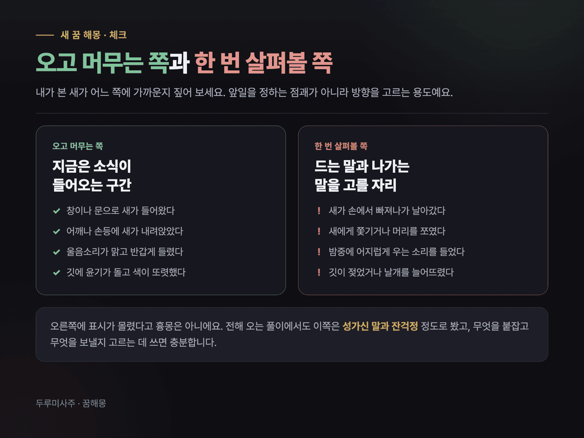 새 꿈 체크 카드 — 왼쪽 '오고 머무는 쪽'에는 창으로 들어옴·어깨에 앉음·맑은 울음·윤기 도는 깃, 오른쪽 '한 번 살펴볼 쪽'에는 손에서 빠져나감·쪼임·밤중의 울음·젖은 깃이 정리돼 있다
