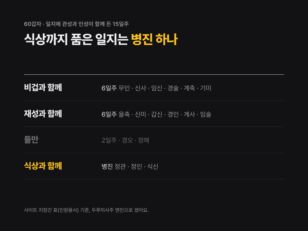 일지에 관성과 인성이 함께 드는 열다섯 일주를 비겁이 든 여섯, 재성이 든 여섯, 두 묶음만 있는 둘, 식상이 든 병진 하나로 나눈 목록 도식