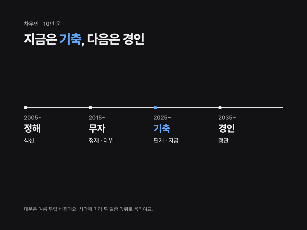 차우민의 대운 정해·무자·기축·경인을 2005년부터 10년 단위 네 칸으로 그리고 현재 기축 대운을 강조한 미니멀 다크 흐름 카드