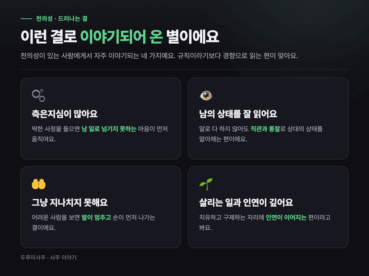 천의성이 있는 사람에게서 자주 이야기되는 네 가지를 정리한 이미지 — 측은지심, 남의 상태를 읽는 직관과 통찰, 어려운 사람을 지나치지 못함, 살리는 일과 깊은 인연