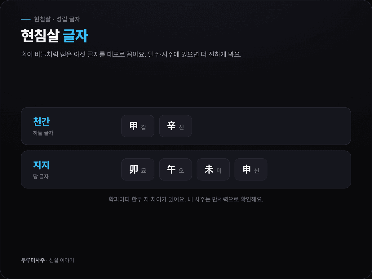 현침살 성립 글자 도식 — 천간 갑·신, 지지 묘·오·미·신 여섯 글자를 바늘 모양과 함께 정리한 표