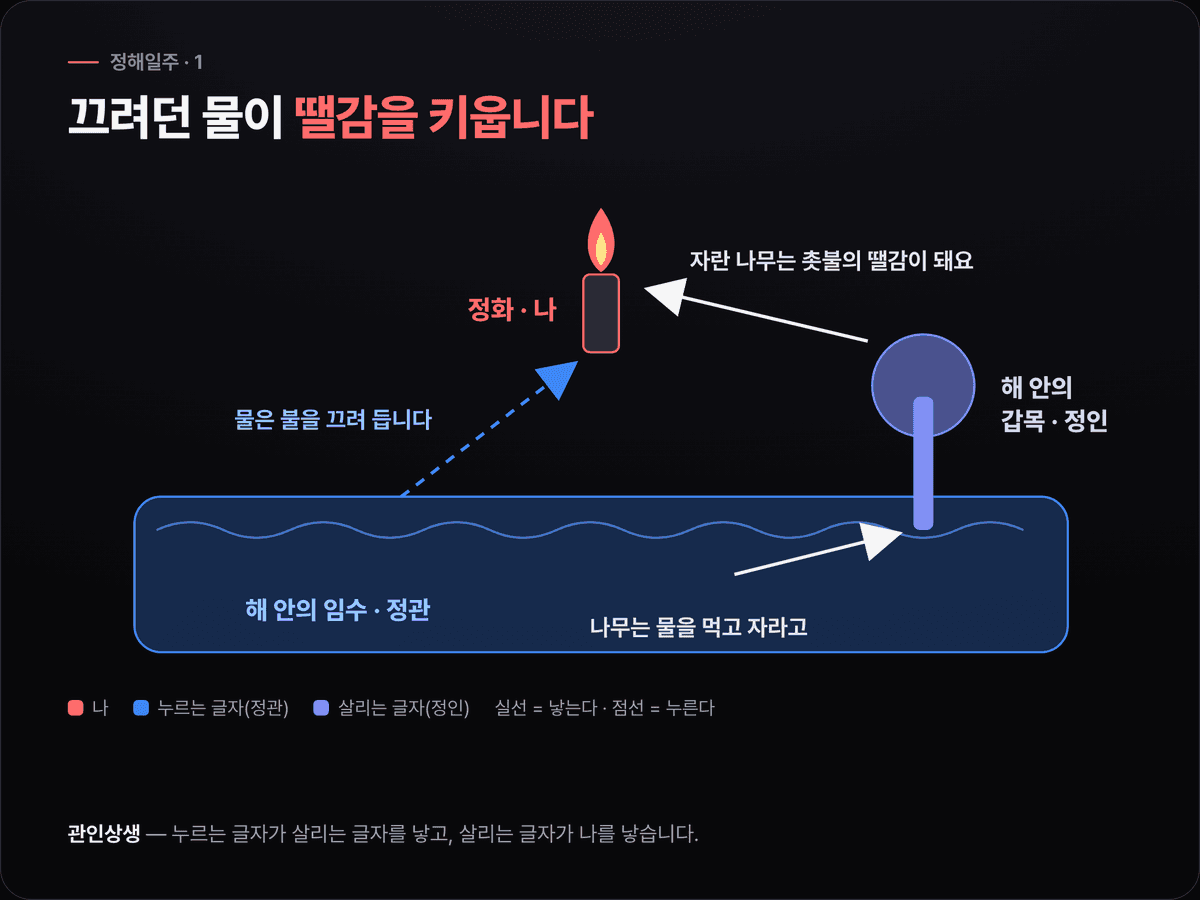 정해일주에서 해수 안의 임수가 갑목을 키우고 갑목이 정화 촛불의 땔감이 되는 물·나무·불의 순환 고리를 그린 도식