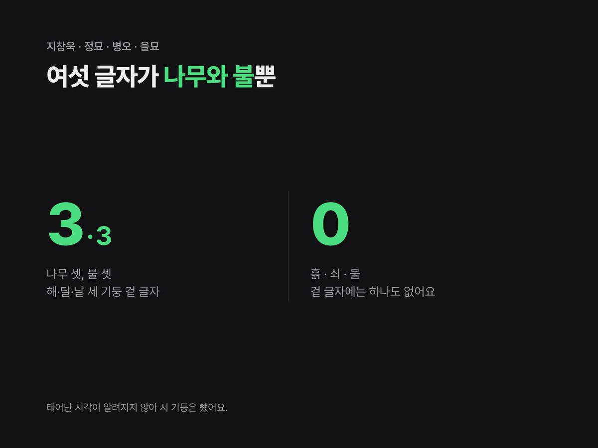 지창욱의 해 정묘·달 병오·날 을묘 세 기둥을 오행으로 세면 나무 3, 불 3이고 흙·쇠·물은 0이라는 것을 큰 숫자 두 개로 보여 주는 미니멀 다크 카드