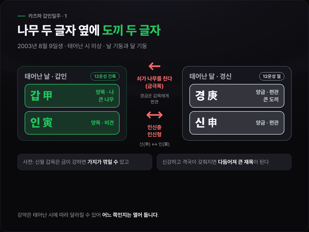카즈하의 날 기둥 갑인(나무·나무, 12운성 건록)과 달 기둥 경신(쇠·쇠, 12운성 절)을 나란히 놓고, 경금이 갑목에게 편관이며 신과 인 사이에 인신충·인신형이 걸린다는 것을 보여 주는 도식