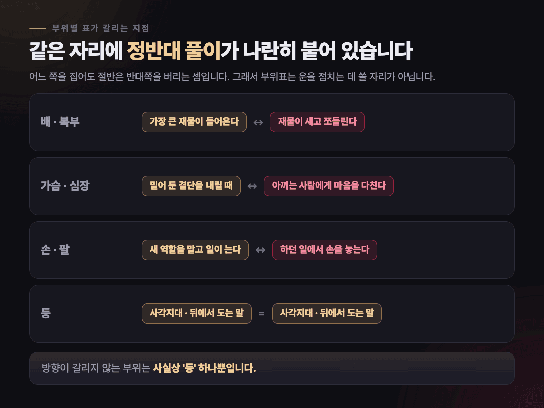 같은 부위에 정반대 풀이가 붙어 있는 것을 좌우로 대조한 도식