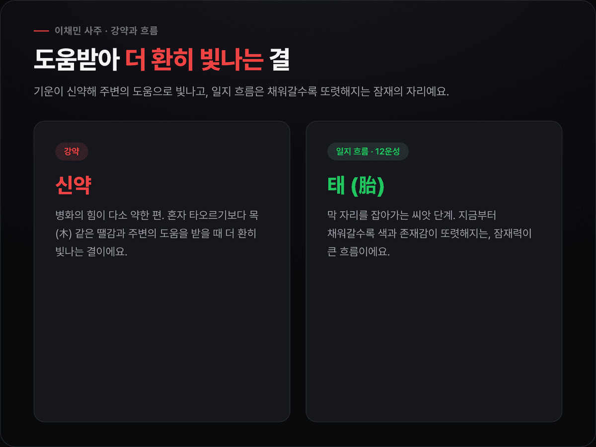 이채민 강약·12운성 — 신약, 일지 자수 12운성 태(胎)