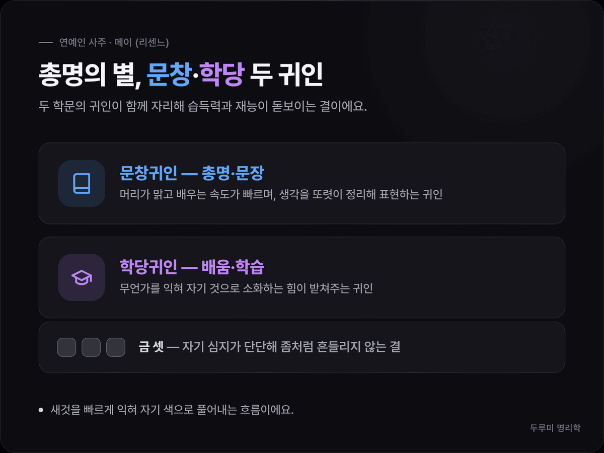 메이 사주의 문창귀인·학당귀인 두 학문의 귀인과 금 셋으로 단단한 심지를 정리해 보여주는 도식 카드