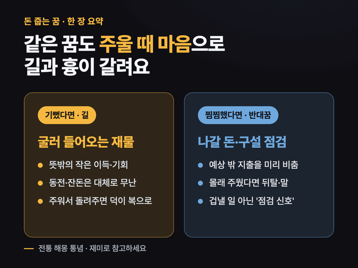 돈 줍는 꿈을 기뻤던 결(재물·기회)과 찜찜했던 결(지출·구설, 반대꿈) 두 갈래로 나눈 대비 카드