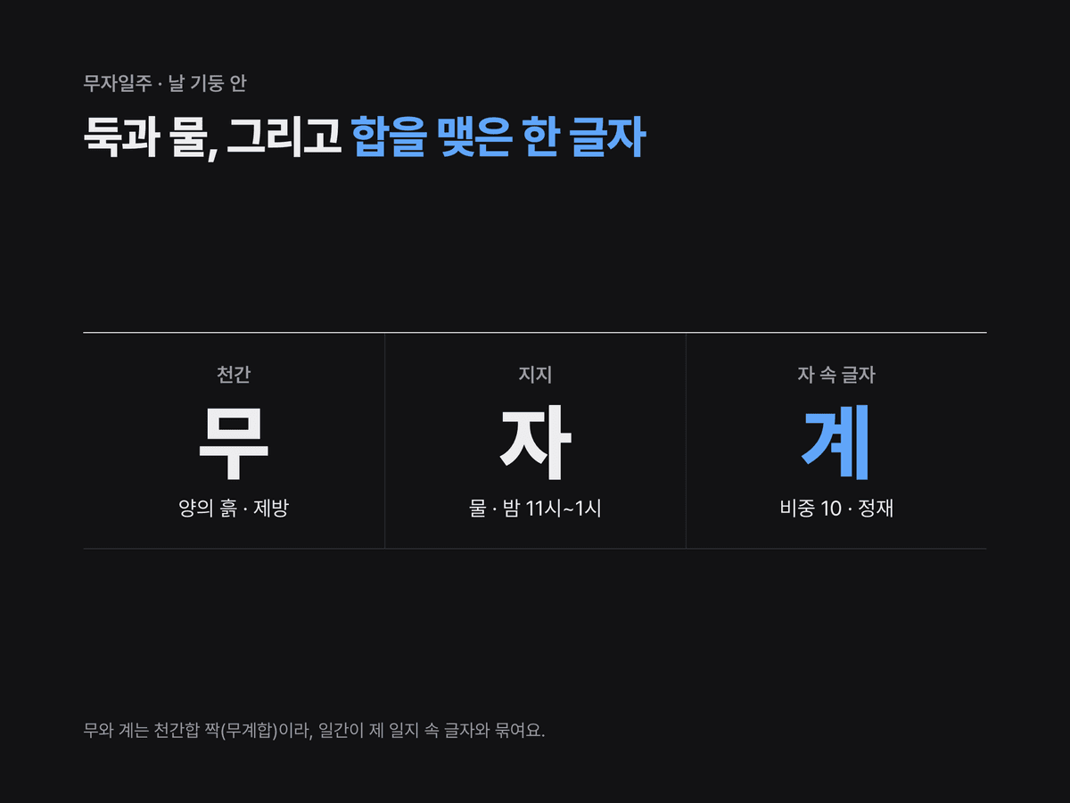무자일주의 천간 무토, 지지 자수, 자 속에 든 계수 한 글자를 세 칸으로 나누고, 계수가 무토에게 정재이며 무계합으로 일간과 묶인다고 표시한 미니멀 다크 도식